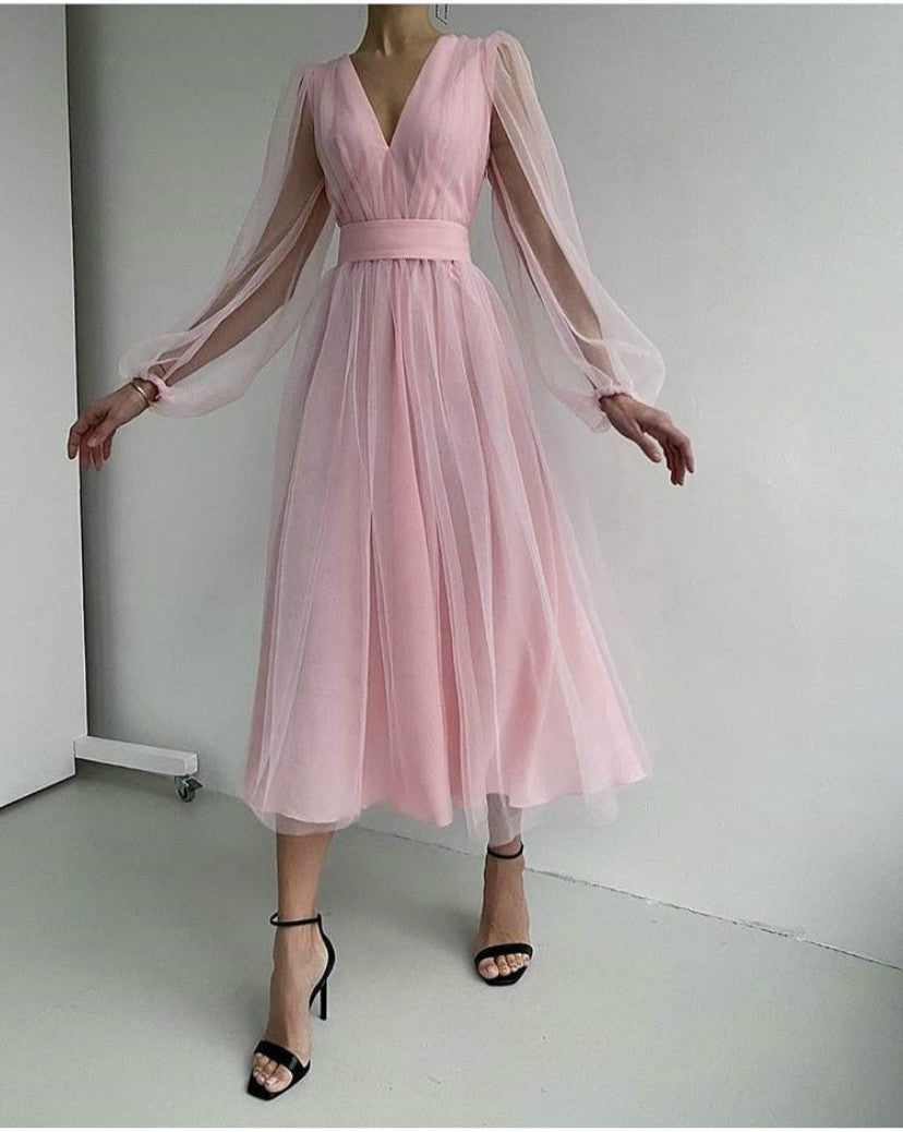 Sexy Deep V Plunge Plunge Mesh Bubble Long Sleeve Dress Slim Waist Dress by Ragazza