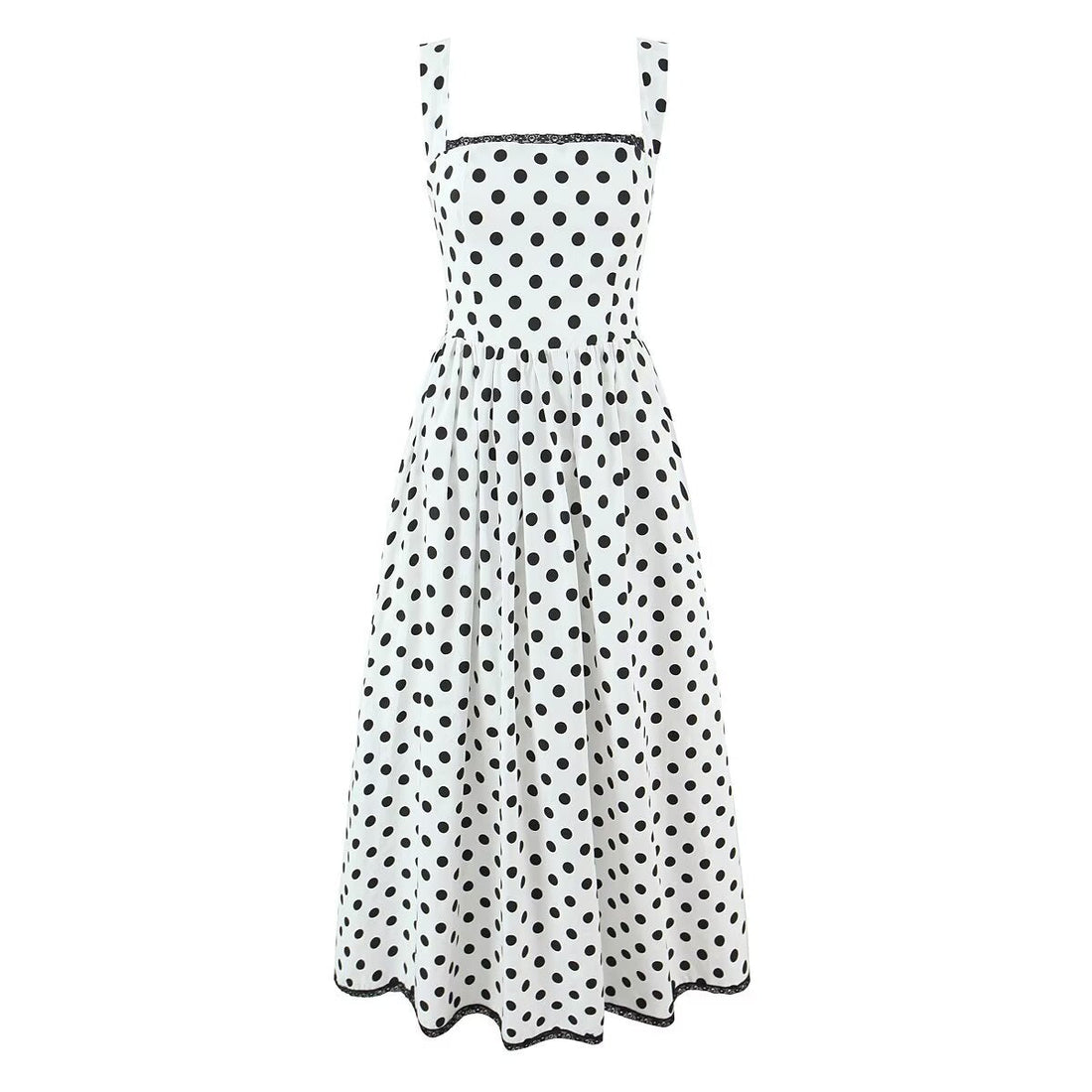 French Retro Dots Printed Lace Trim Holiday Dress Summer Waist Trimming Lace up Slim Fit Holiday Cami Long Dress by Ragazza