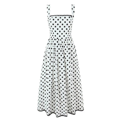 French Retro Dots Printed Lace Trim Holiday Dress Summer Waist Trimming Lace up Slim Fit Holiday Cami Long Dress by Ragazza