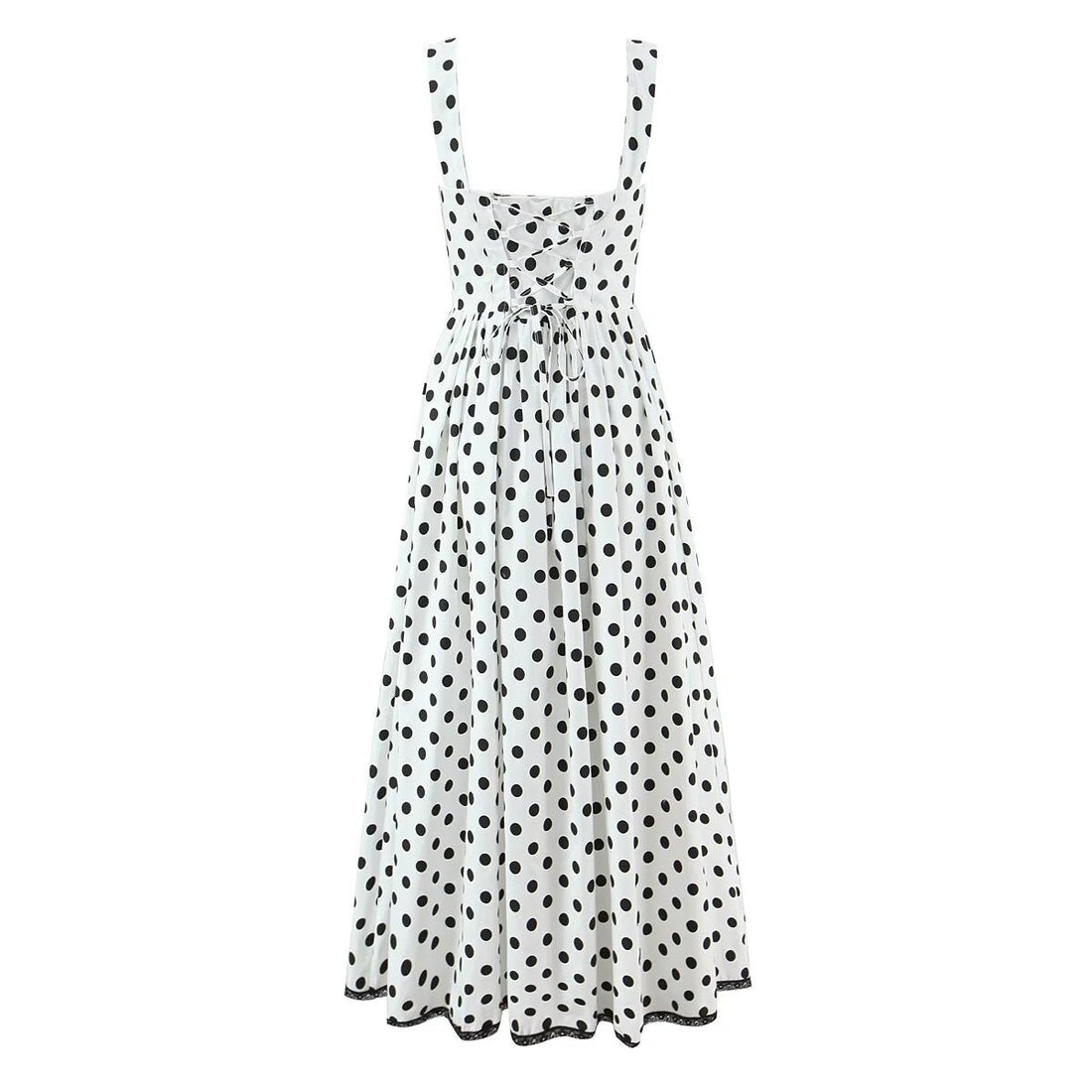French Retro Dots Printed Lace Trim Holiday Dress Summer Waist Trimming Lace up Slim Fit Holiday Cami Long Dress by Ragazza