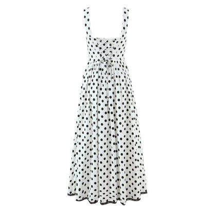 French Retro Dots Printed Lace Trim Holiday Dress Summer Waist Trimming Lace up Slim Fit Holiday Cami Long Dress by Ragazza