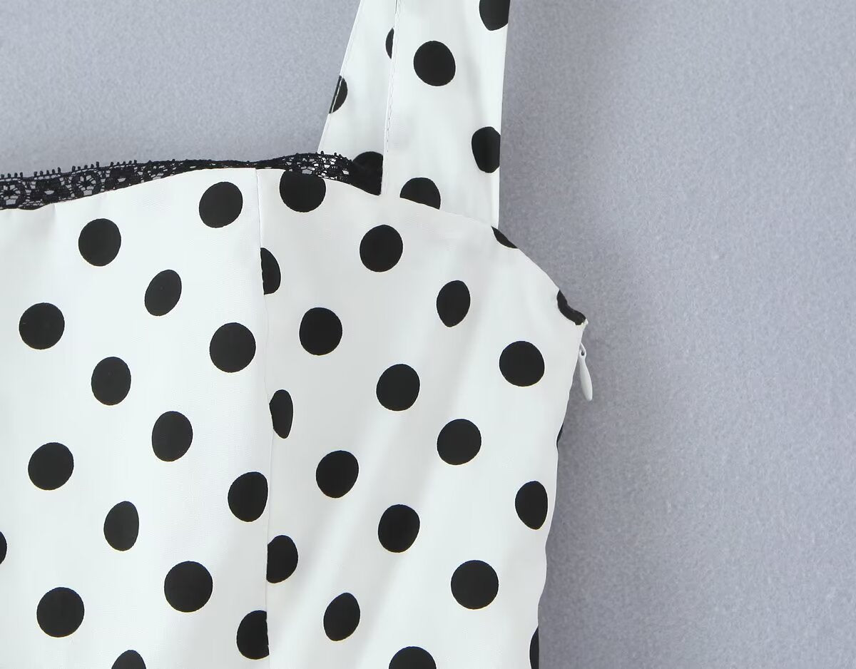 French Retro Dots Printed Lace Trim Holiday Dress Summer Waist Trimming Lace up Slim Fit Holiday Cami Long Dress by Ragazza