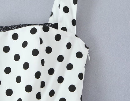 French Retro Dots Printed Lace Trim Holiday Dress Summer Waist Trimming Lace up Slim Fit Holiday Cami Long Dress by Ragazza