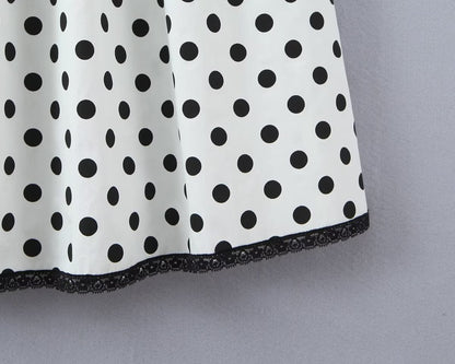 French Retro Dots Printed Lace Trim Holiday Dress Summer Waist Trimming Lace up Slim Fit Holiday Cami Long Dress by Ragazza