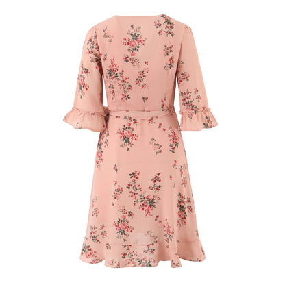 Spring French Floral Printed V neck Ruffled Cropped Sleeve Lace up Stomach Blanket Dress by Ragazza