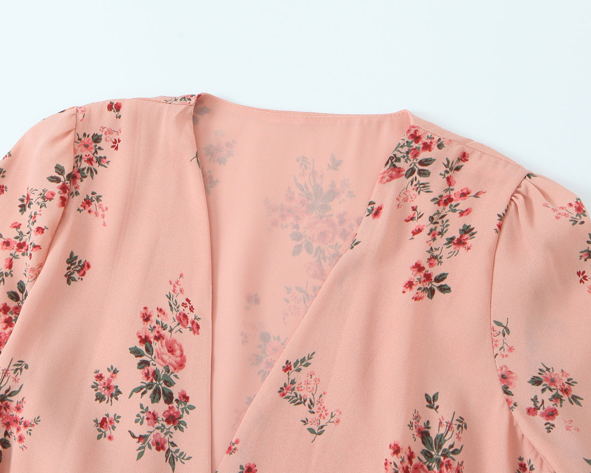 Spring French Floral Printed V neck Ruffled Cropped Sleeve Lace up Stomach Blanket Dress by Ragazza