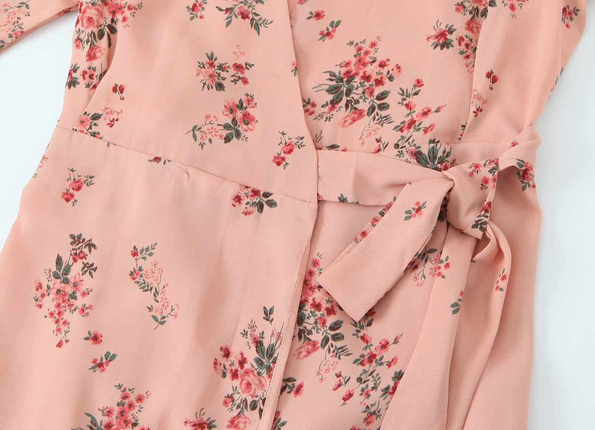 Spring French Floral Printed V neck Ruffled Cropped Sleeve Lace up Stomach Blanket Dress by Ragazza