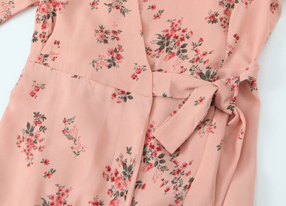 Spring French Floral Printed V neck Ruffled Cropped Sleeve Lace up Stomach Blanket Dress by Ragazza