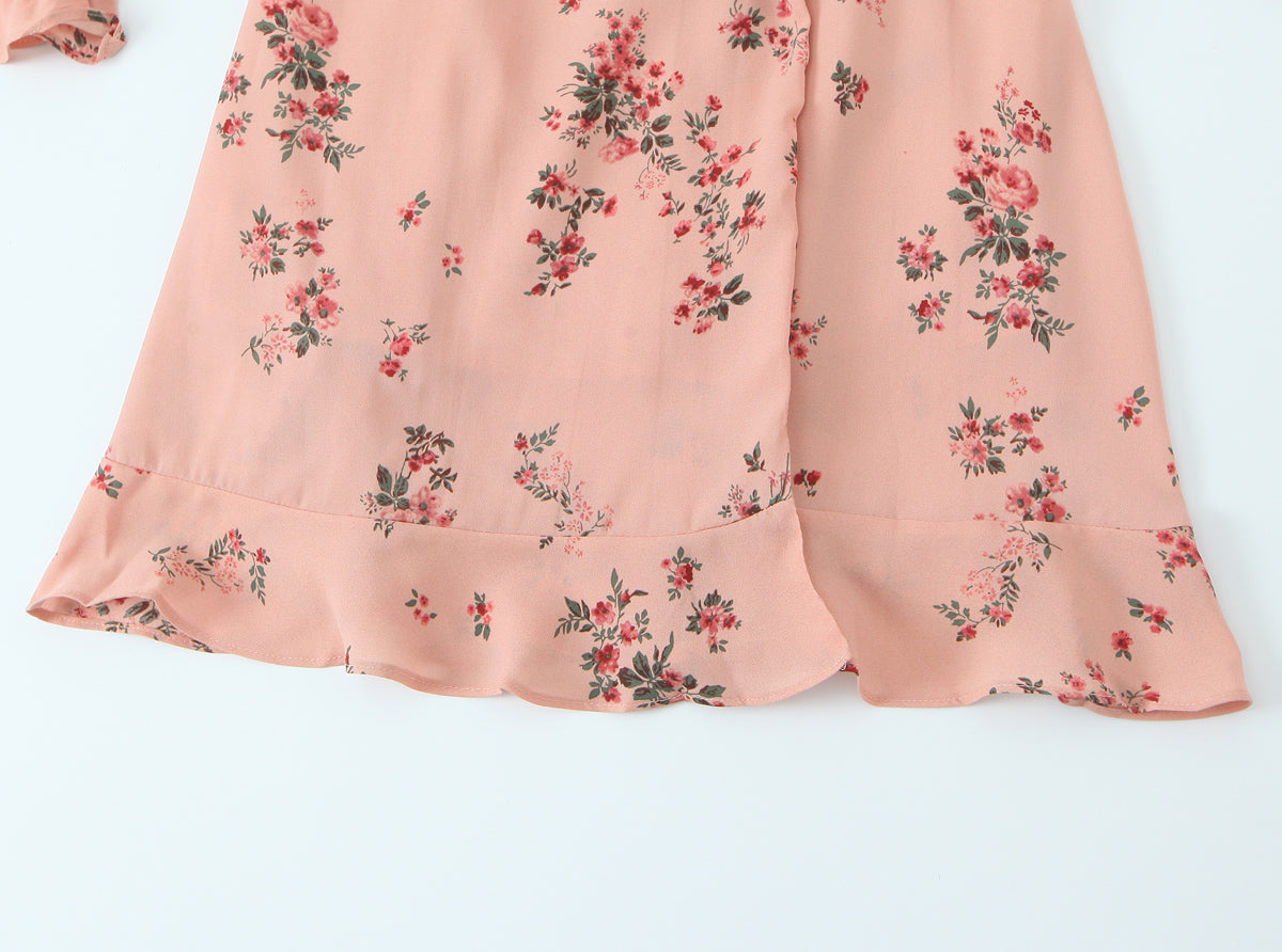Spring French Floral Printed V neck Ruffled Cropped Sleeve Lace up Stomach Blanket Dress by Ragazza