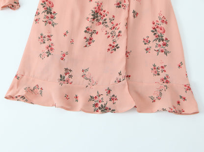 Spring French Floral Printed V neck Ruffled Cropped Sleeve Lace up Stomach Blanket Dress by Ragazza
