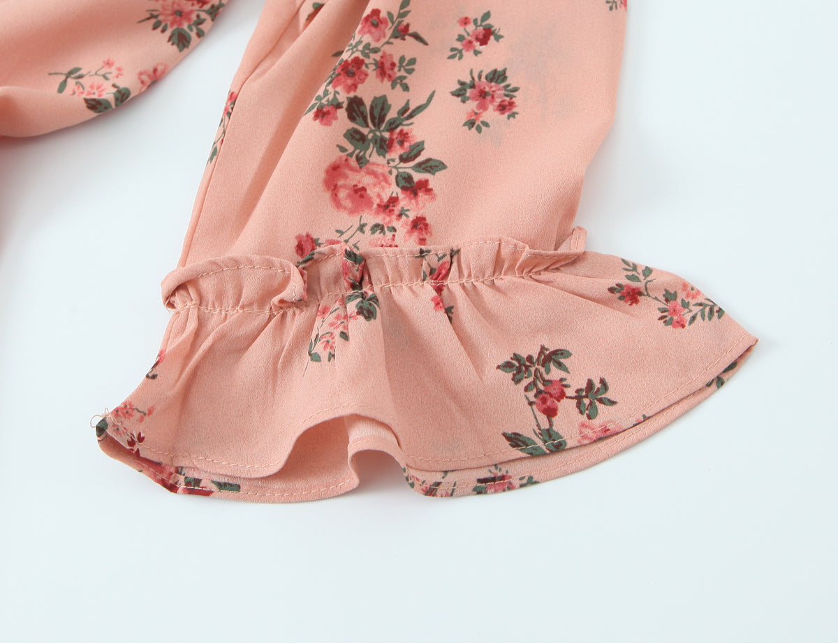 Spring French Floral Printed V neck Ruffled Cropped Sleeve Lace up Stomach Blanket Dress by Ragazza
