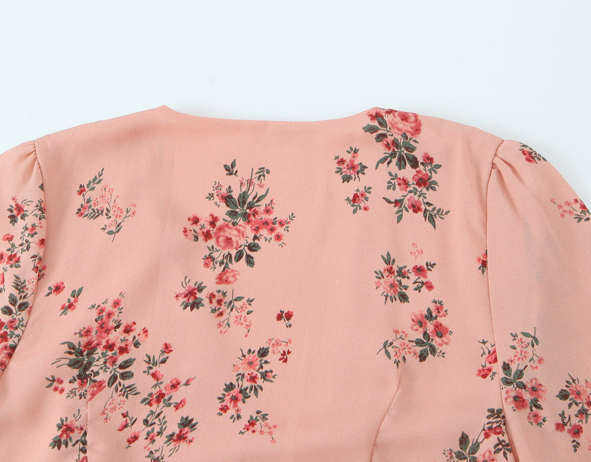 Spring French Floral Printed V neck Ruffled Cropped Sleeve Lace up Stomach Blanket Dress by Ragazza
