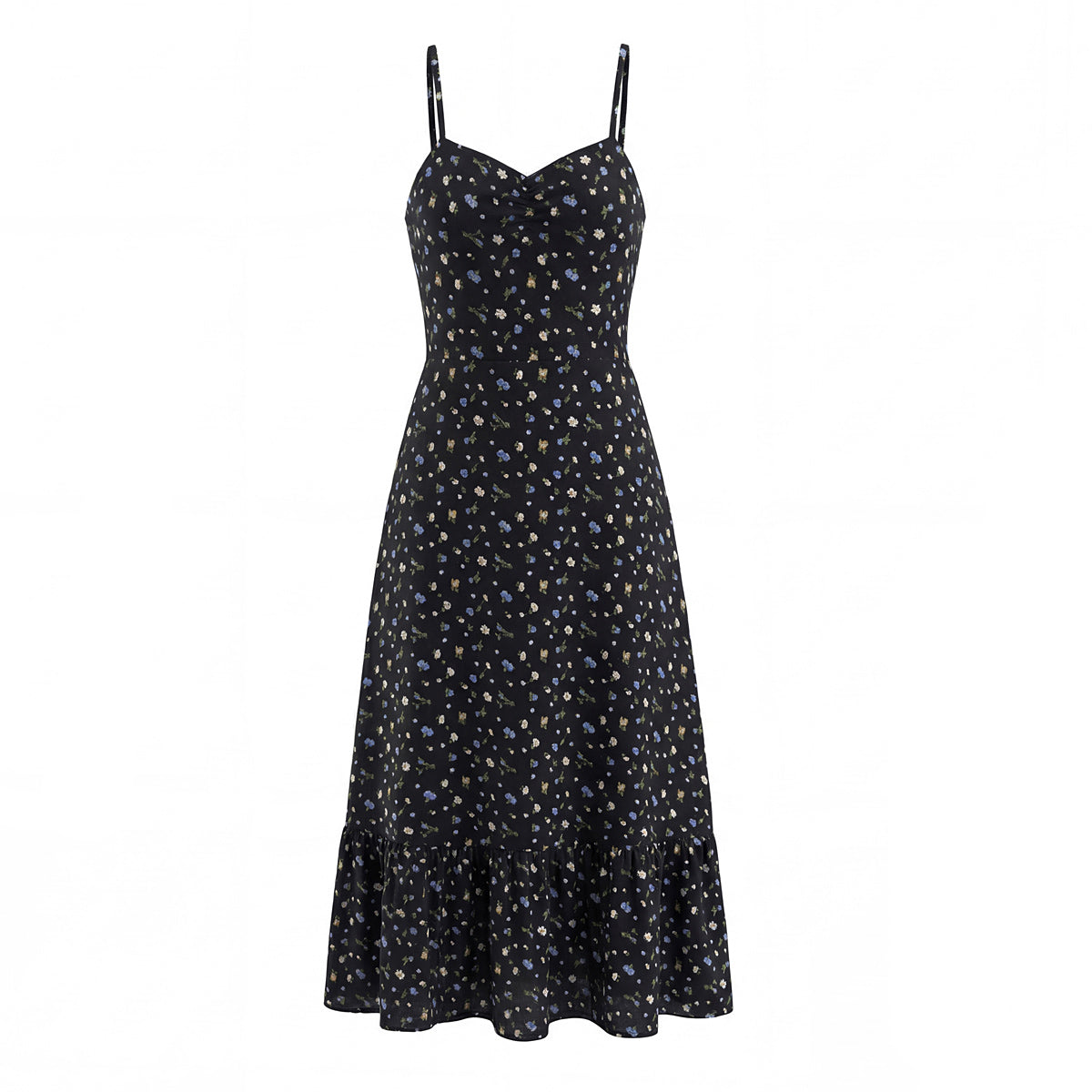 Spring French Floral Printed Waist Controlled Slimming All Matching Long Strap Dress by Ragazza