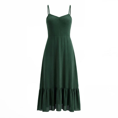French Waist Tight Green Suspenders Dress for Women Slim Fit Ruffled Retro Slim Fit Holiday Chiffon Maxi Dress by Ragazza