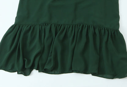 French Waist Tight Green Suspenders Dress for Women Slim Fit Ruffled Retro Slim Fit Holiday Chiffon Maxi Dress by Ragazza