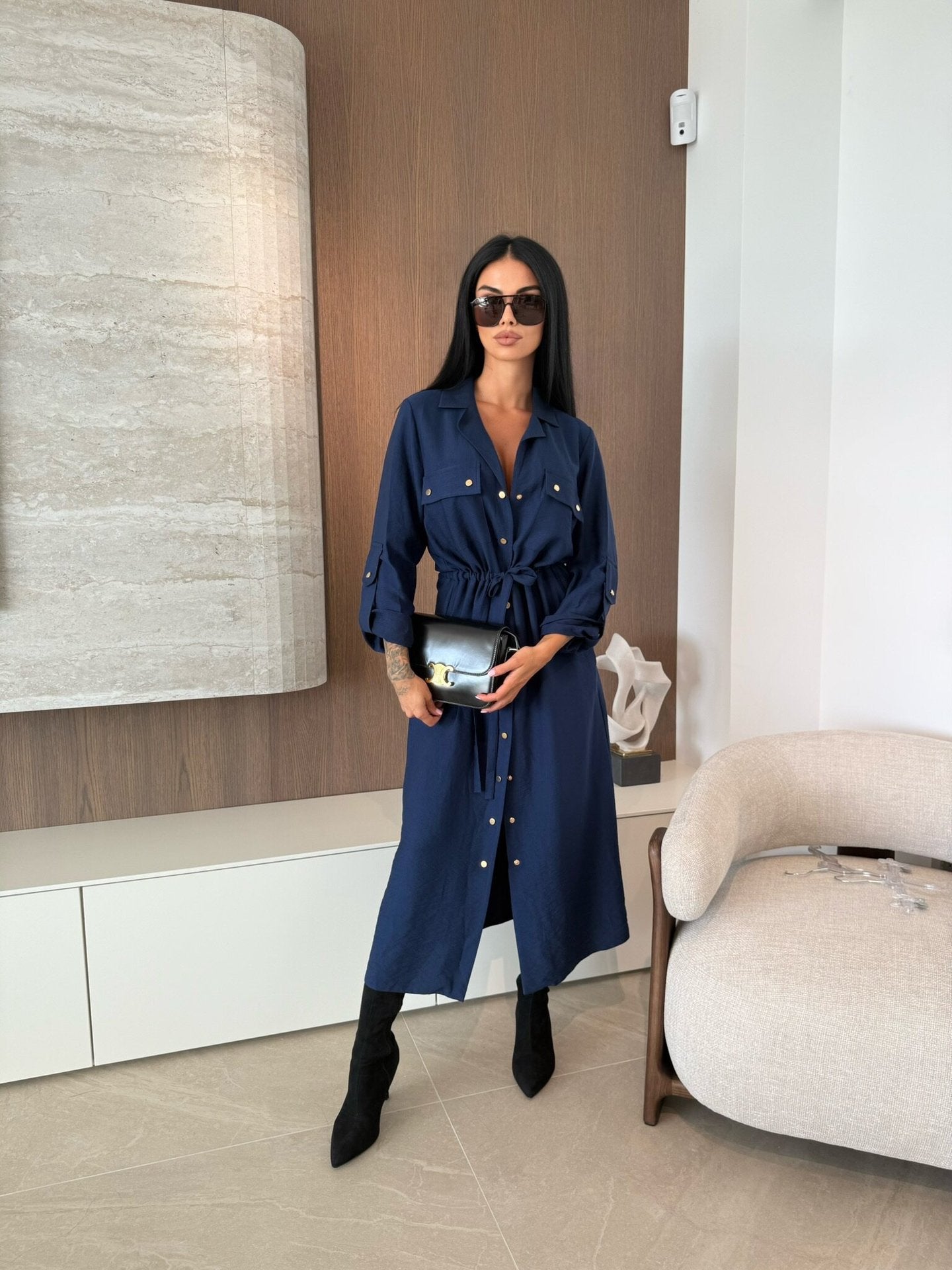 Women Clothing Spring Summer Popular Solid Color Long Sleeve Single Dress by Ragazza