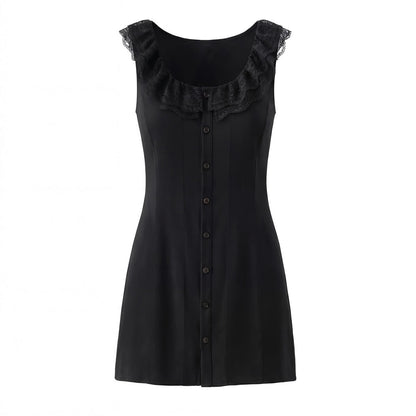 Spring French Slim Lace Square Collar Single Breasted Cinched Sleeveless Mini Dress by Ragazza