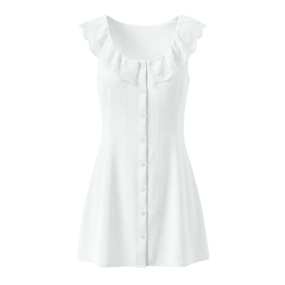 Spring French Slim Lace Square Collar Single Breasted Cinched Sleeveless Mini Dress by Ragazza