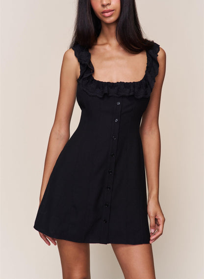 Spring French Slim Lace Square Collar Single Breasted Cinched Sleeveless Mini Dress by Ragazza