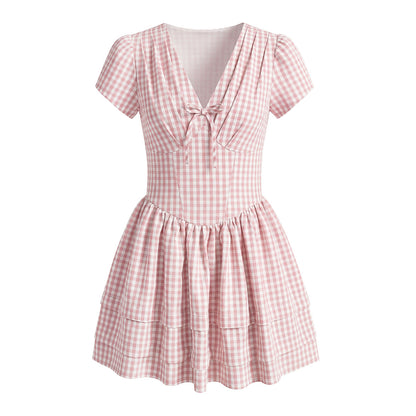 Women Clothing Spring Sweet Youthful Short Slim Plaid Waist Tight A line Dress by Ragazza