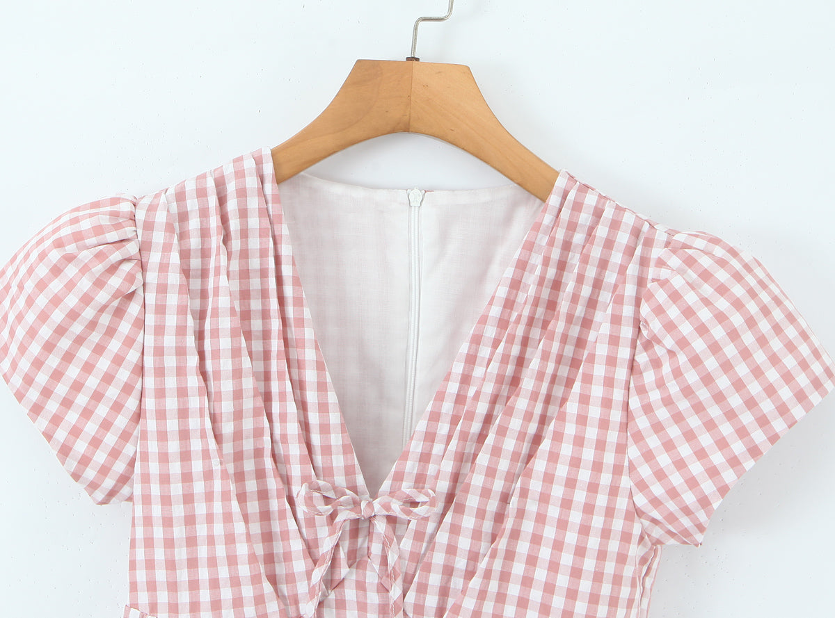 Women Clothing Spring Sweet Youthful Short Slim Plaid Waist Tight A line Dress by Ragazza