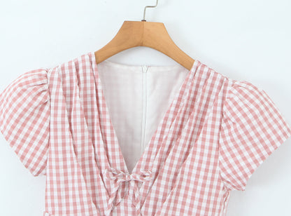 Women Clothing Spring Sweet Youthful Short Slim Plaid Waist Tight A line Dress by Ragazza