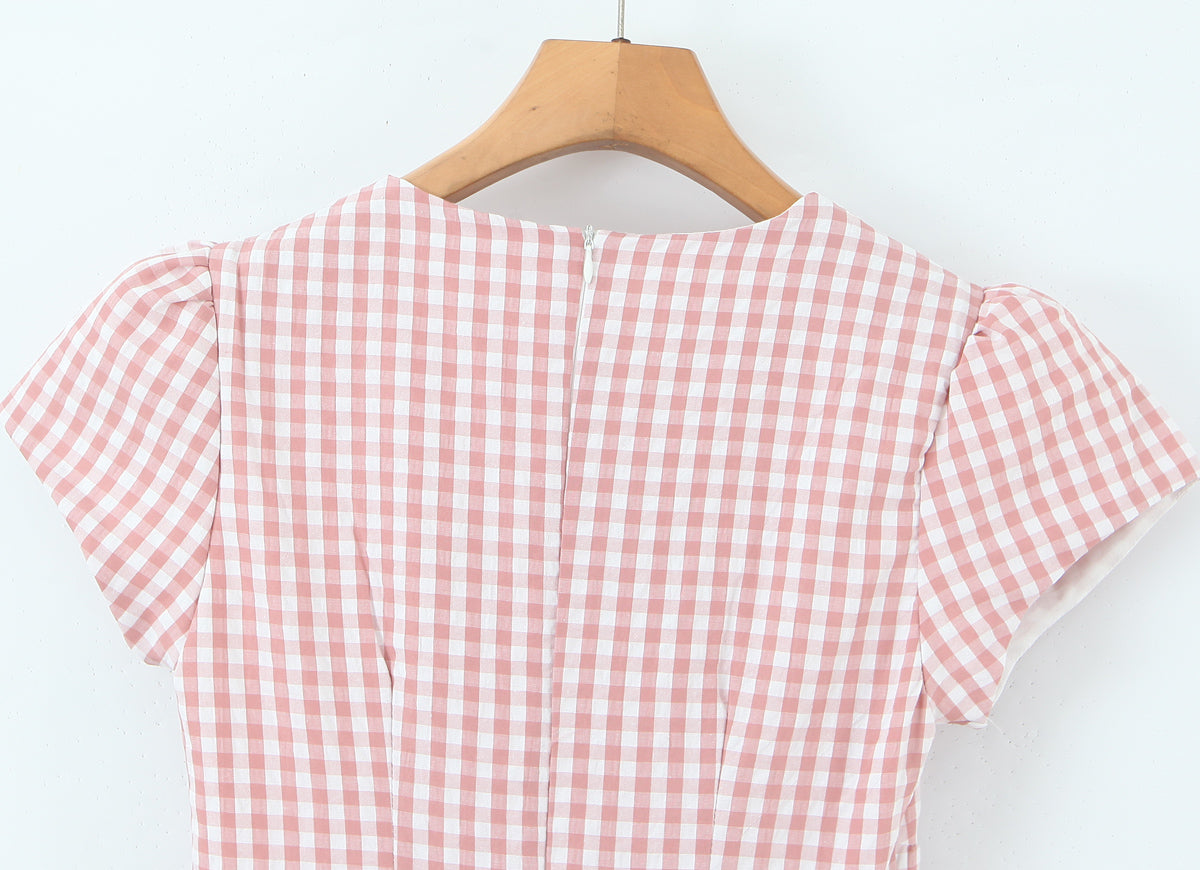 Women Clothing Spring Sweet Youthful Short Slim Plaid Waist Tight A line Dress by Ragazza