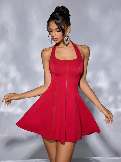 Women Clothing Solid Color Halter Lace up Tube Top Hollow Out Cutout out Stitching Cinched Short Dress Backless Tuxedo Dress by Ragazza