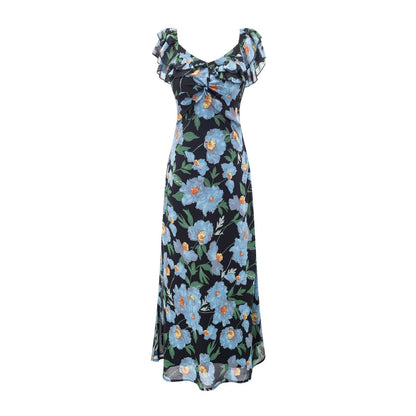 Summer Pastoral Fresh Beautiful Vacation Flying Sleeves Printed Waist Controlled Dress by Ragazza