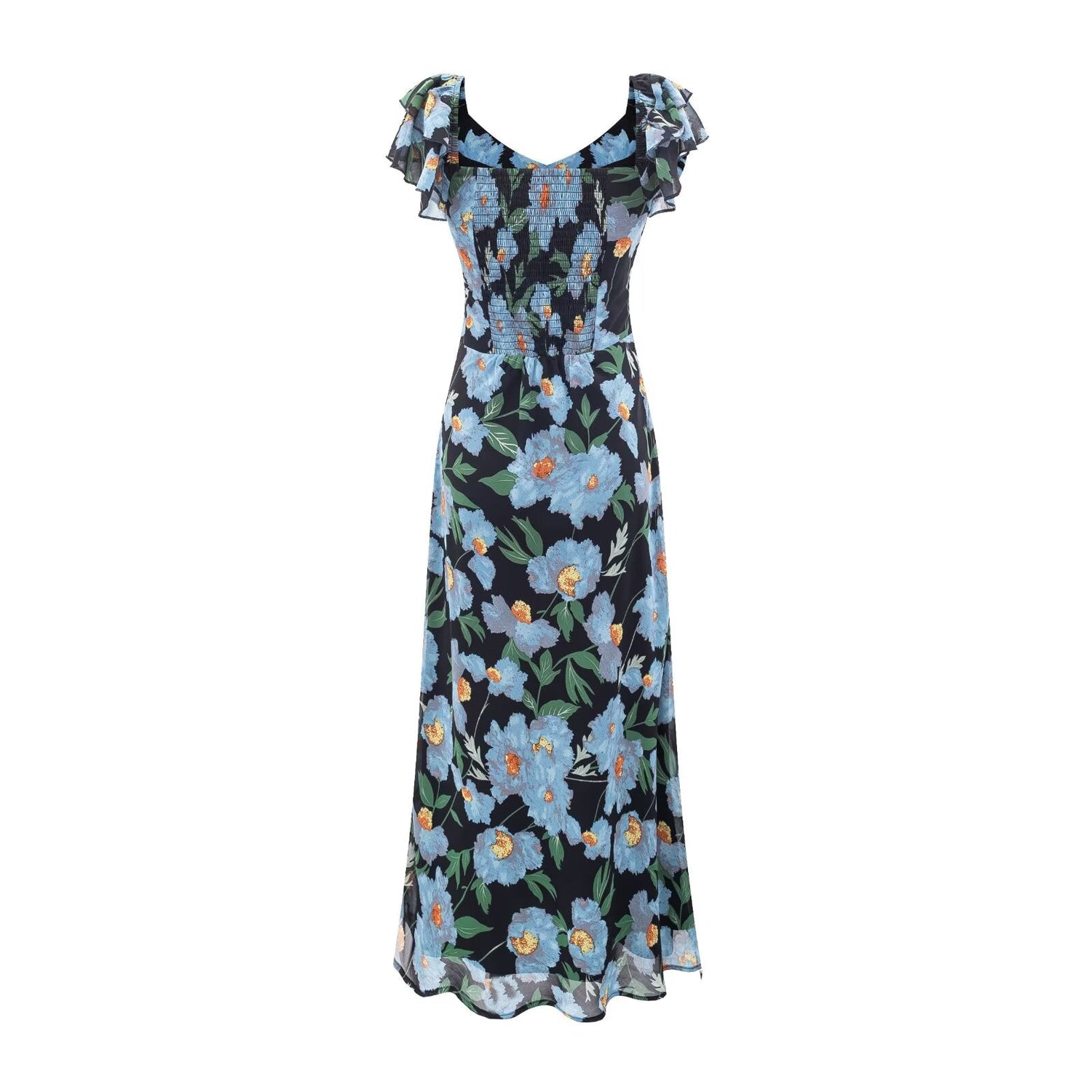 Summer Pastoral Fresh Beautiful Vacation Flying Sleeves Printed Waist Controlled Dress by Ragazza