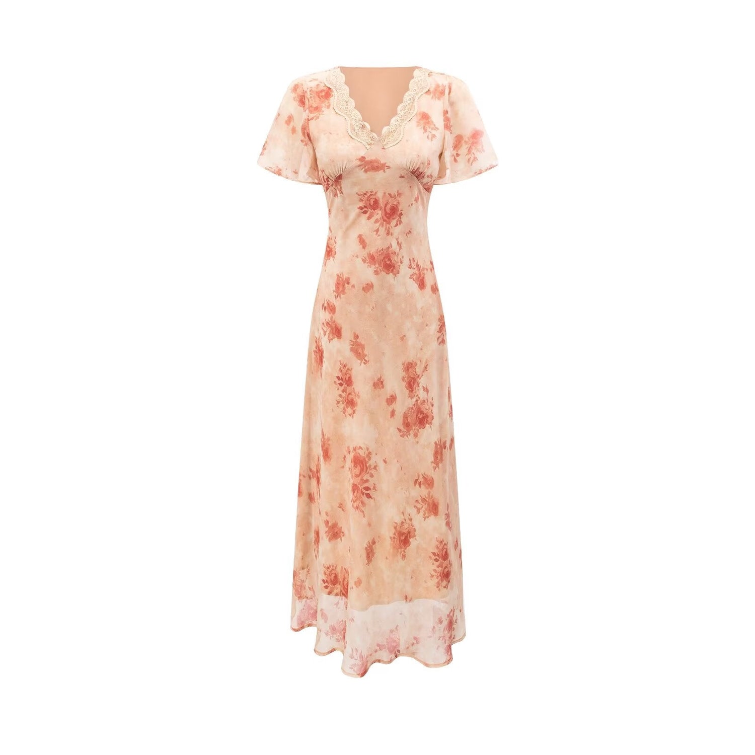 Women Clothing Elegant Pink Floral V neck Pullover Dress Women Waist Controlled Slimming Dress by Ragazza