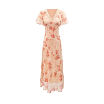 Women Clothing Elegant Pink Floral V neck Pullover Dress Women Waist Controlled Slimming Dress by Ragazza