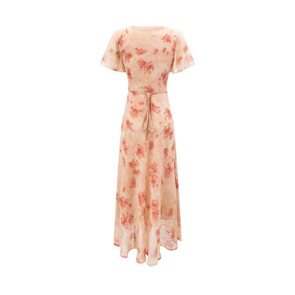 Women Clothing Elegant Pink Floral V neck Pullover Dress Women Waist Controlled Slimming Dress by Ragazza
