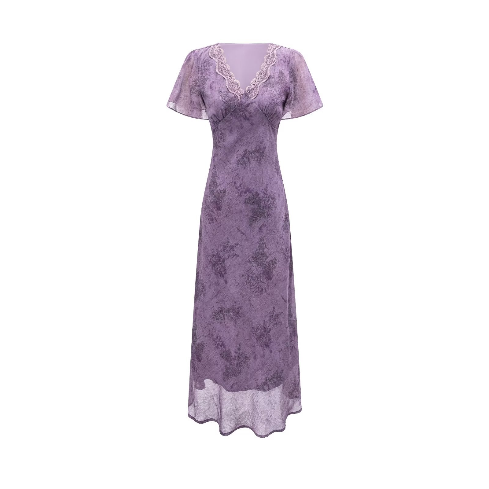 Elegant Slimming V Neckline Pullover Lace Stitching Design Dress Lace up Waist Tight Purple Dress by Ragazza