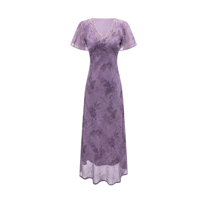 Elegant Slimming V Neckline Pullover Lace Stitching Design Dress Lace up Waist Tight Purple Dress by Ragazza