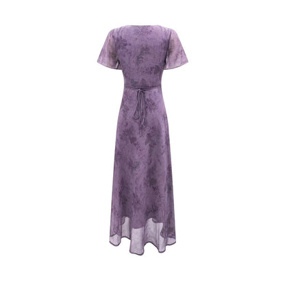 Elegant Slimming V Neckline Pullover Lace Stitching Design Dress Lace up Waist Tight Purple Dress by Ragazza