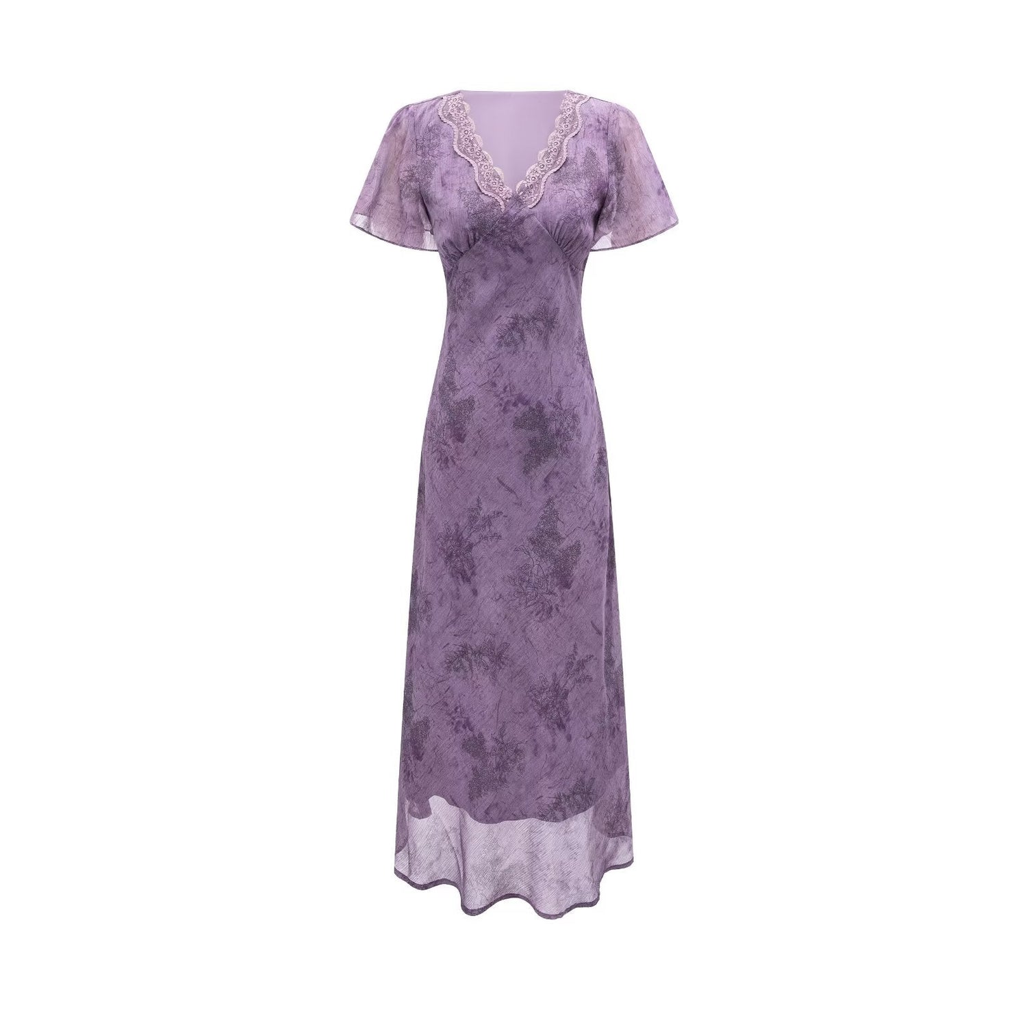 Elegant Slimming V Neckline Pullover Lace Stitching Design Dress Lace up Waist Tight Purple Dress by Ragazza