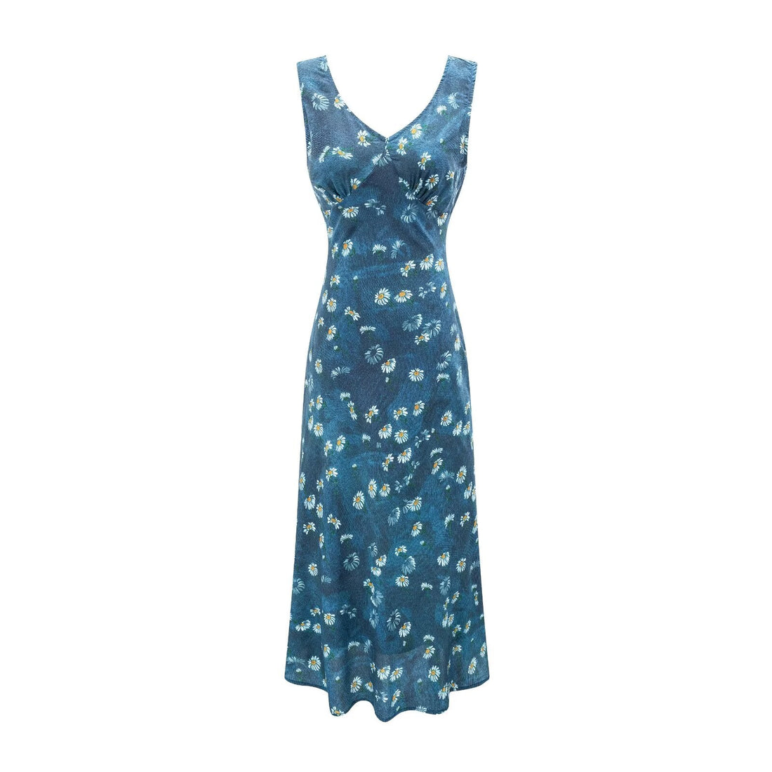 Winter Retro Printed Sexy V neck Lace up Tight Waist Blue Background Printed Dress by Ragazza