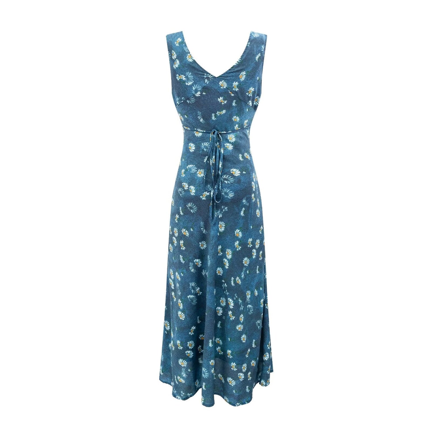 Winter Retro Printed Sexy V neck Lace up Tight Waist Blue Background Printed Dress by Ragazza