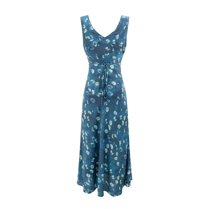 Winter Retro Printed Sexy V neck Lace up Tight Waist Blue Background Printed Dress by Ragazza