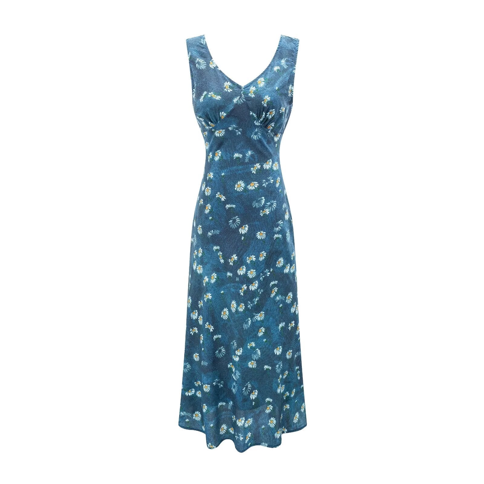 Winter Retro Printed Sexy V neck Lace up Tight Waist Blue Background Printed Dress by Ragazza