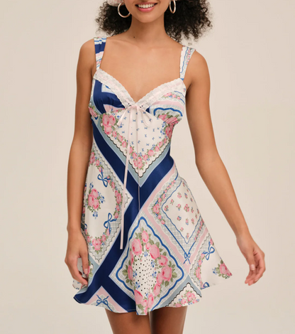 French Romantic Printed Satin Mini Strap Dress Women Bow A line Dress by Ragazza