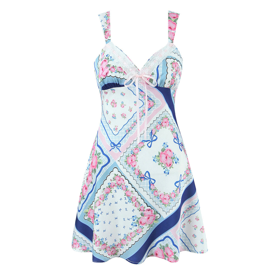 French Romantic Printed Satin Mini Strap Dress Women Bow A line Dress by Ragazza