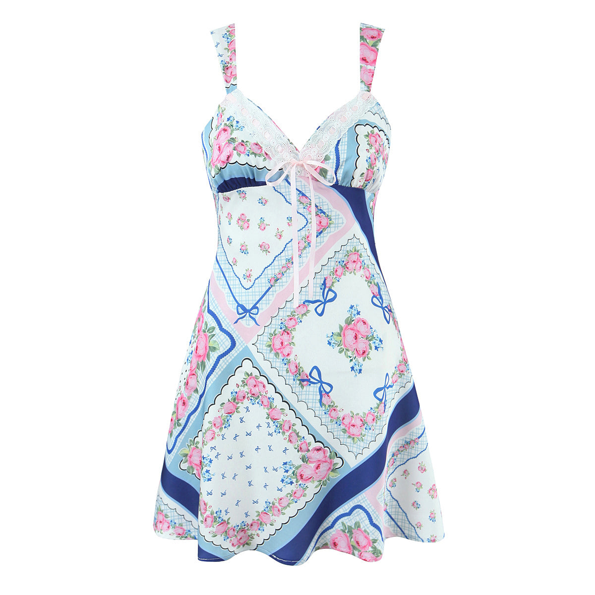 French Romantic Printed Satin Mini Strap Dress Women Bow A line Dress by Ragazza