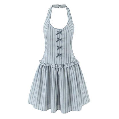 Vintage Stripe Printed Bow Halter Waist Tight Slimming Vest Dress by Ragazza