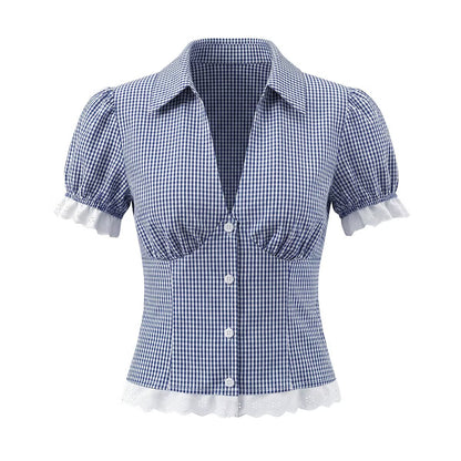Women Elegant Blue White Fine Plaid Shirt Top Skirt Set by Ragazza