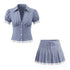 Women Elegant Blue White Fine Plaid Shirt Top Skirt Set by Ragazza