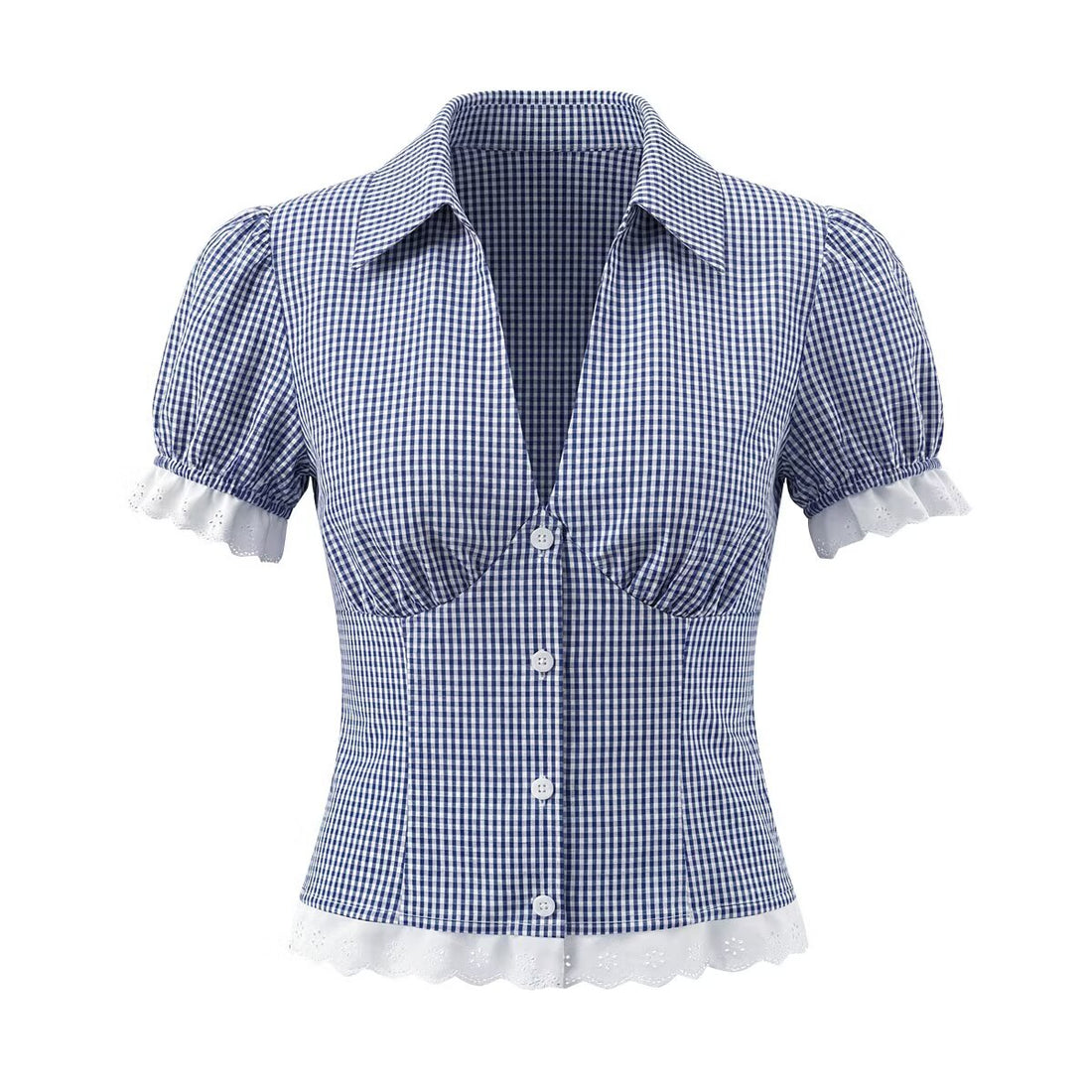 Women Elegant Blue White Fine Plaid Shirt Top Skirt Set by Ragazza