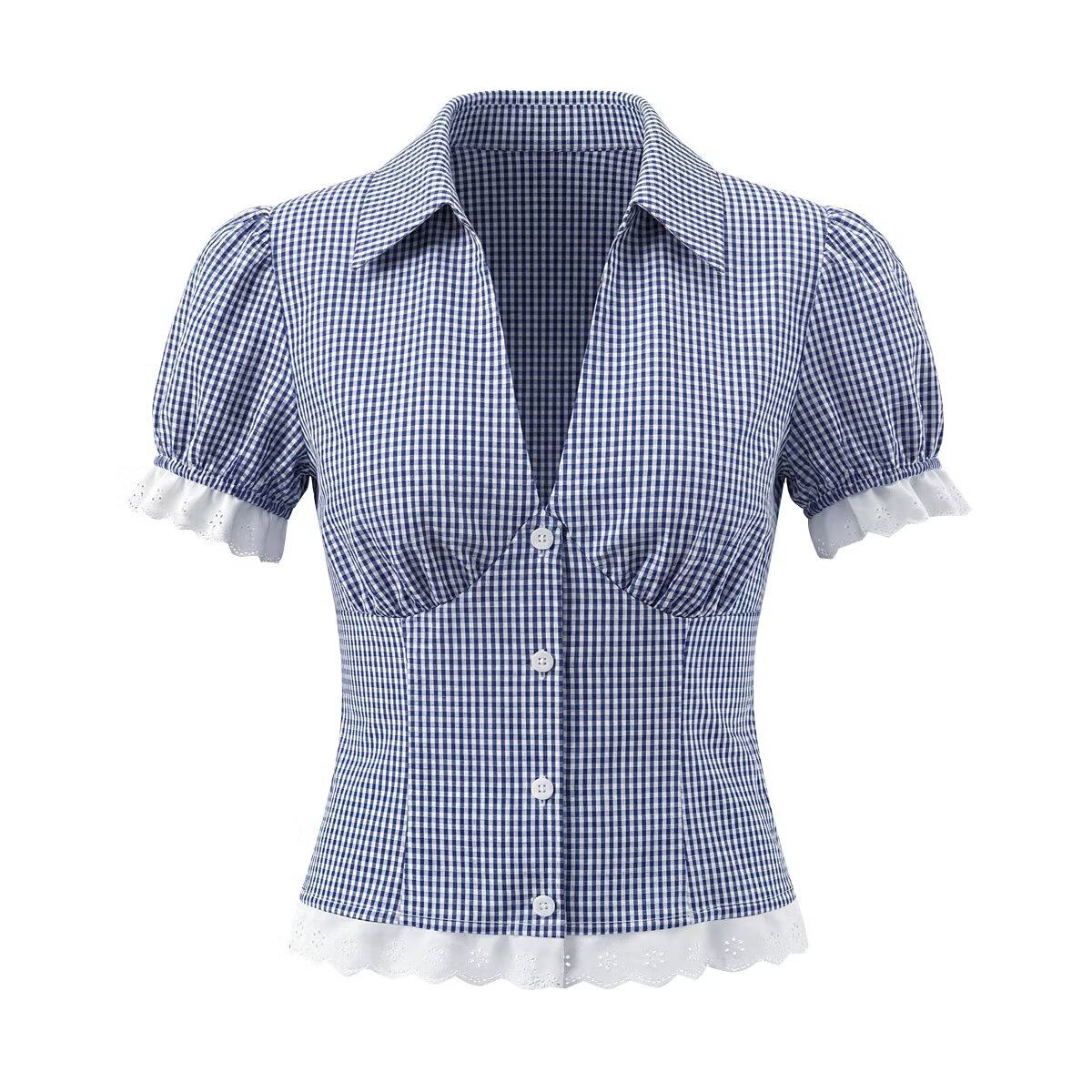 Women Elegant Blue White Fine Plaid Shirt Top Skirt Set by Ragazza