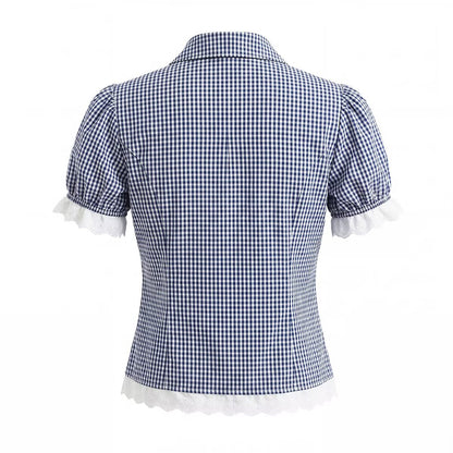 Women Elegant Blue White Fine Plaid Shirt Top Skirt Set by Ragazza